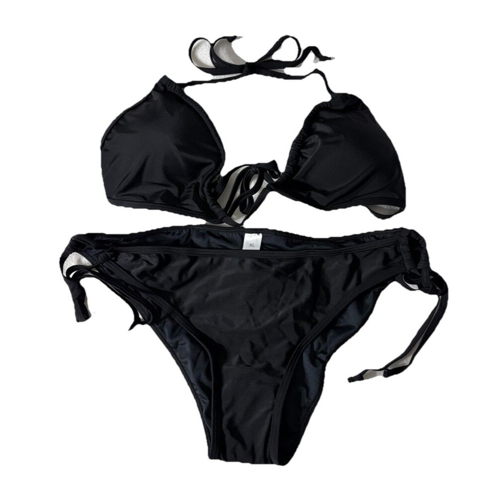 Women’s Black String Bikini Set XL Triangle Halter Tie Side Swim Suit